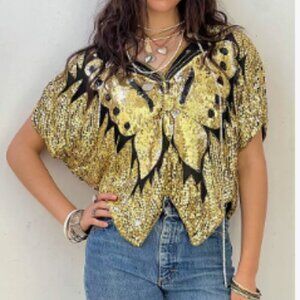Vintage Gold Sequin Butterfly Top with Silk Lining